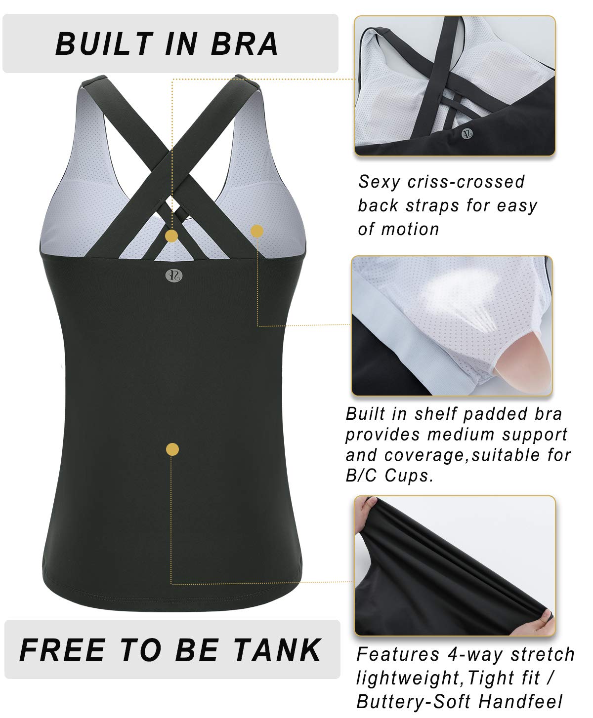 RUNNING GIRL Women's Workout Tank Top,Built in Shelf Sports Bra Strappy Back Compression Athletic Shirts（BX2680.Dark Green.L）