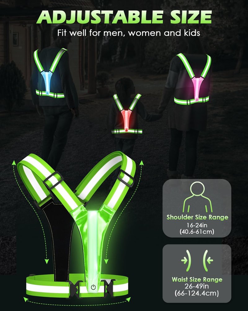 Zacro LED Reflective Vest Running Gear, 5 Lights Colors High Visibility Rechargeable Light Up Running Vest for Runners Night Walking Cycling, Adjustable for Men Women Kids (2 Pack)