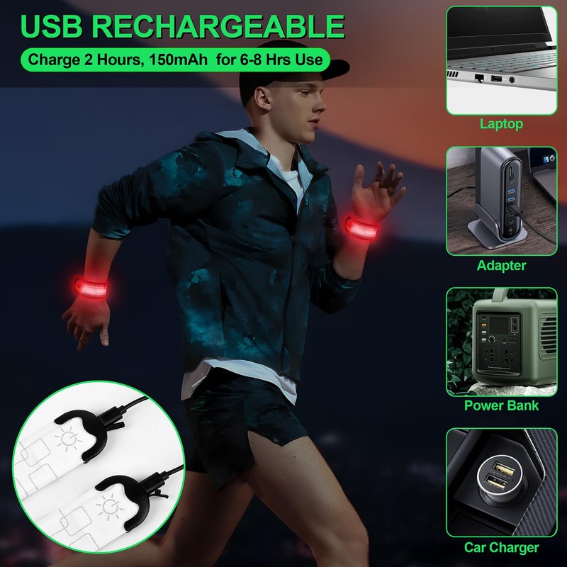 LED Armband Rechargeable for Night Running Walking(2 Pack), High Visibility LED Slap Armband Reflective Running Gear, 6 Colors & 3 Modes Adjustable Light Up Armbands for Men Women Kids (Green)