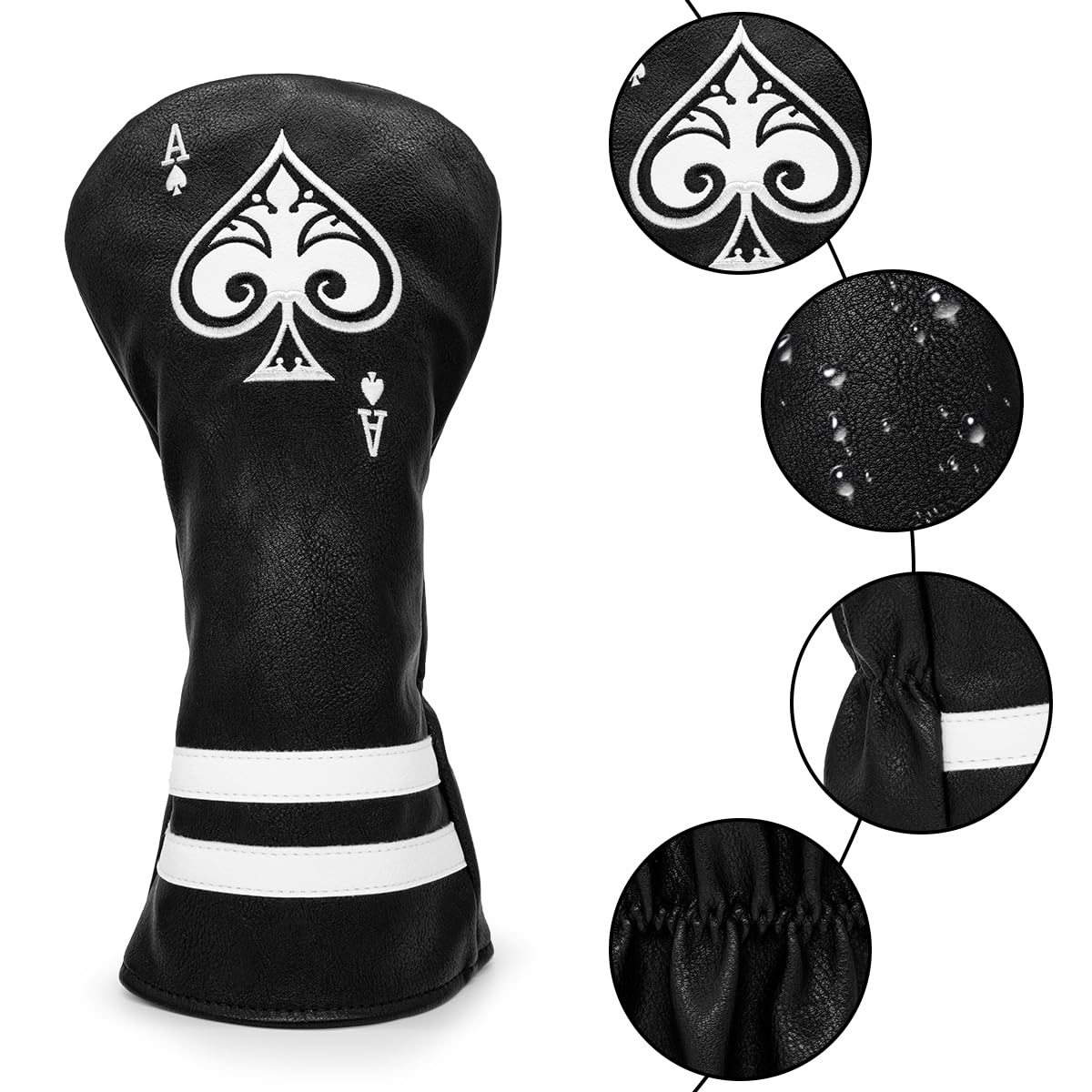 Golf Driver Headcover Ace of Spade Golf Driver Head Cover- Black (PU) Leather Golf Club Headcovers Designed for Golf Drivers