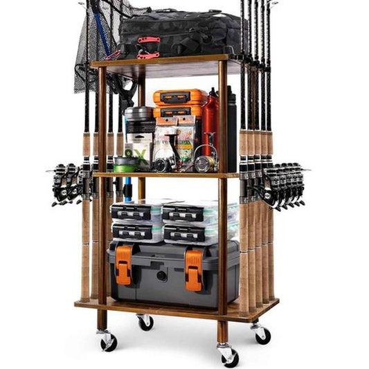 Ghosthorn Fishing Rod Holders for Garage Fishing Pole Rack Hold up to 10 Rods Fishing Pole Holders Wooden Organizer Fishing Rod Rack car Fishing Gear Storage Equipment (3 Tier)
