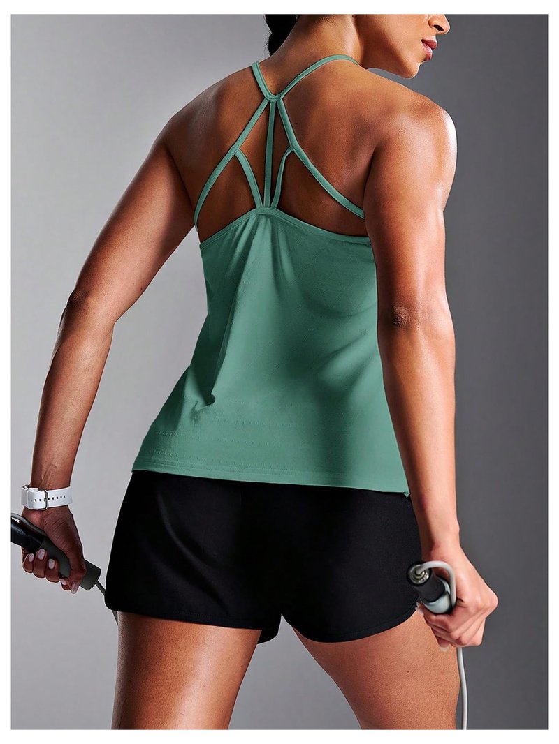 OYOANGLE Women's Backless Workout Tank Tops Sports Top Breathable Yoga Athletic Running Gym Spaghetti Strap Cami Green X-Large