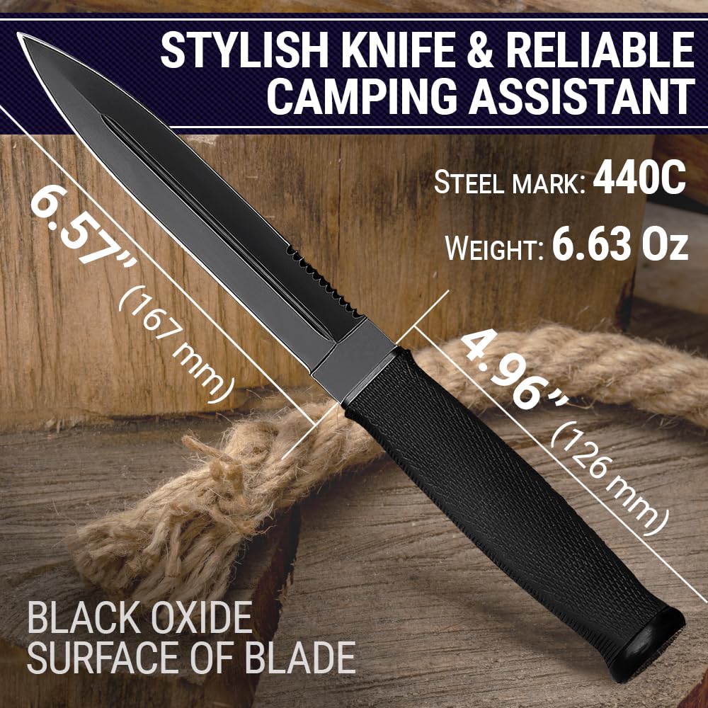 Knife for Men with Sheath – Black Tactical Knives – Cool Hunting Fixed Blade Knife with Serrated Blade – Best EDC Survival Camping Hiking Military Tool Sharp Belt Boot Knives Gift for Men 2503