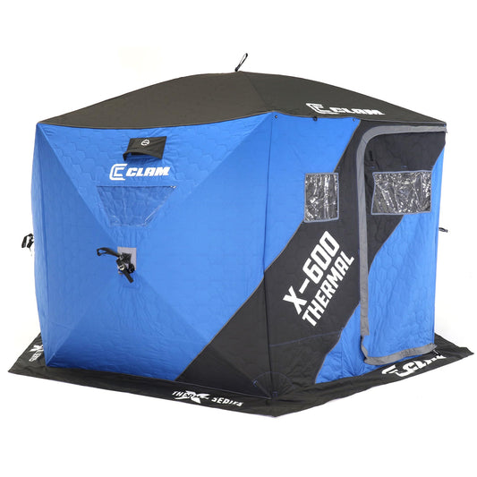 CLAM X-600 Portable 6 Person 11.5 Foot Angler Thermal Hub Shelter Tent for Outdoor Ice Fishing with Anchor Straps and Carrying Bag