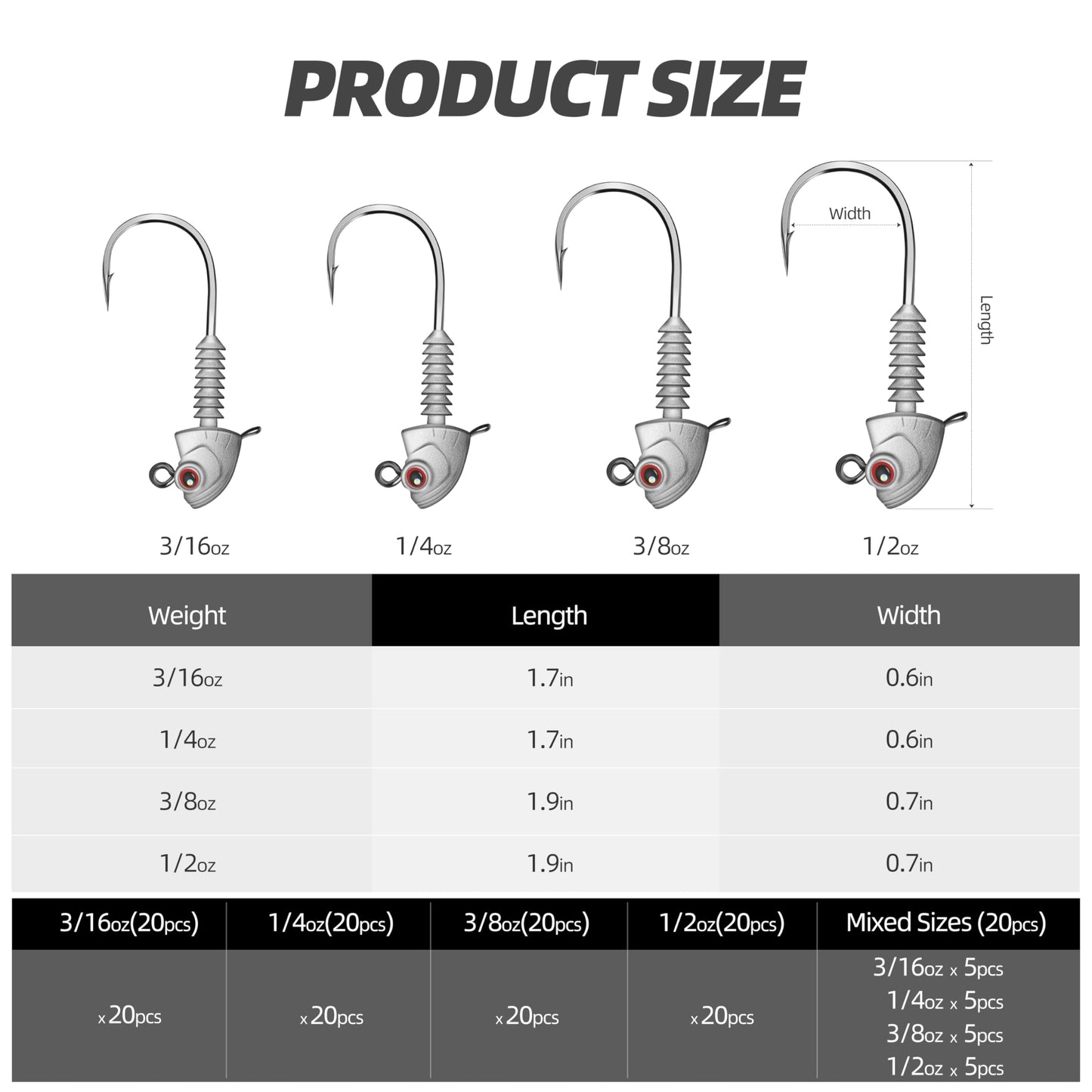 PROBITE Swimbait Jig Heads, 20PCS/Box, 4 Size Options, Strong Hook & Anti-Loose Design, Ideal for Freshwater & Saltwater Fishing（3/16oz