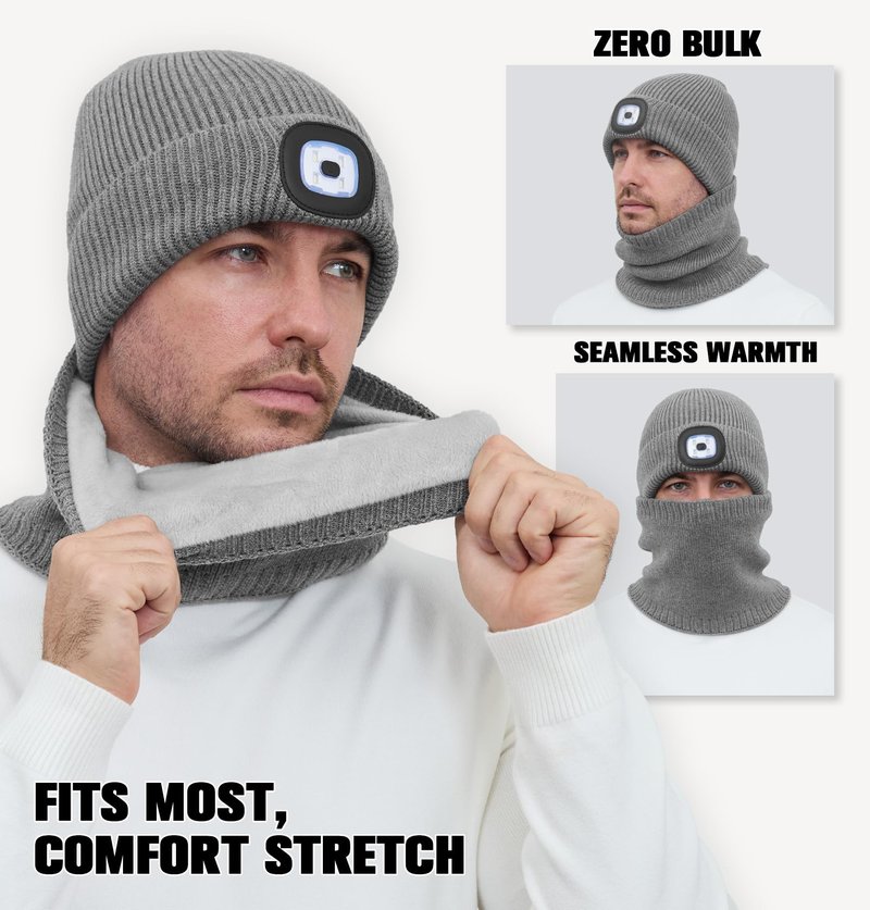 MELASA Winter Fleece Lined Beanie with a Light & Neck Warmer Gift Set for Men – Windproof Winter Hat and Scarf, Soft Thermal Cold Weather Gear with LED Light for Outdoor Work Black