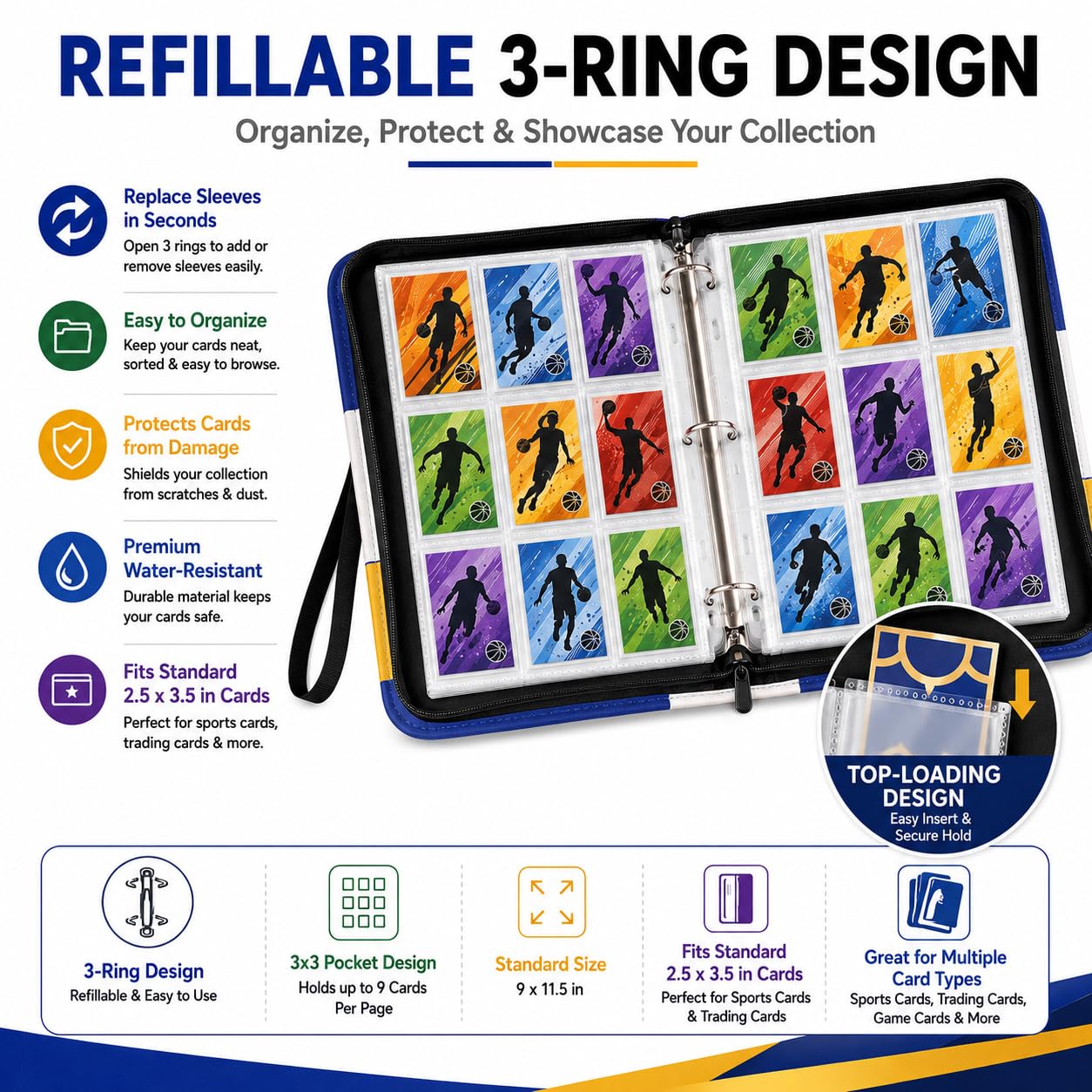 HBK Basketball Card Binder 900 Pockets, PU Leather Collectible Trading Card Albums with 50 Removable Sleeves, 3- Ring Basketball Cards Organizer for Kids & Collector (CR30)