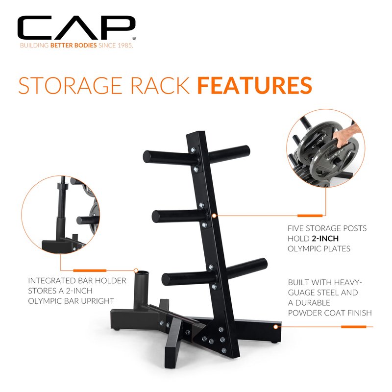 CAP Barbell Olympic Plate Tree Storage Rack for Weights and Bar, Black