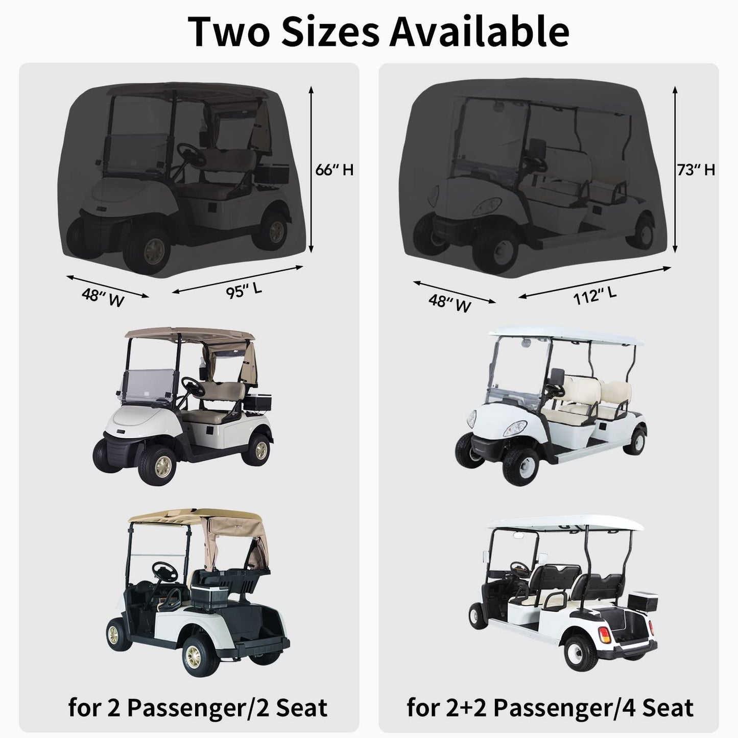 Easy-Going Golf Cart Cover Fit for Most Brand 2 Passenger Golf Cart Golf Cart, Waterproof Golf Cart Cover with Zipper Closure (95" L x 48" W x 66" H, Black)
