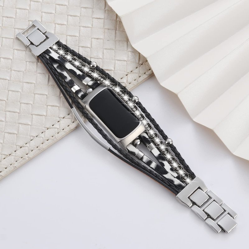 Leather Bands Compatible with Fitbit Charge 6/Charge 5 Bands for Women, Boho Handmade Multilayer Wrap Bracelets Jewelry Strap Replacement for Charge 6/Charge 5 Fitness Tracker (Black White)