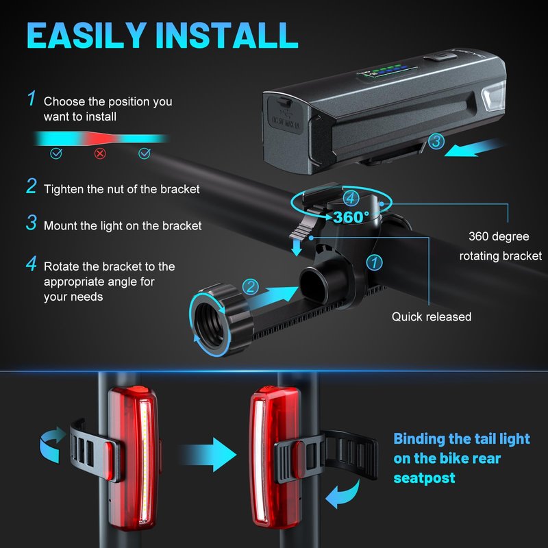 APECYC Bike Lights USB-C Rechargeable Bicycle Front Headlight and Rear Taillight with 4+5 Light Modes, Waterproof Bike Light Set for Night Riding, Commuter, Road & Mountain Cycling
