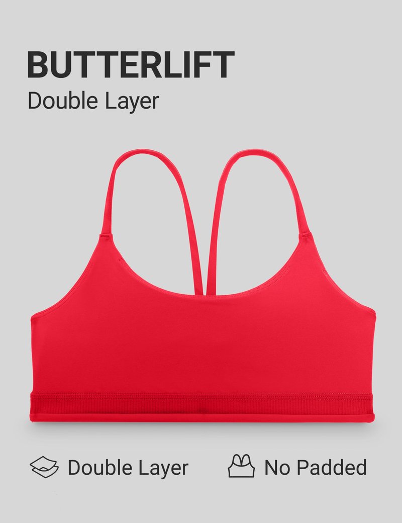 CRZ YOGA Butterlift Double Lined V Back Sports Bras for Women - Scoop Neck Spaghetti Strap Wireless Yoga Top Non Padded Aurora Red Small