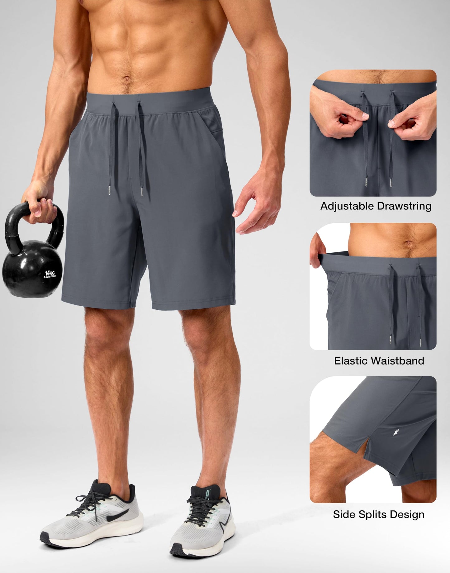 Soothfeel Men's Running Shorts with Zipper Pockets 9 Inch Lightweight Quick Dry Gym Sports Athletic Workout Basketball Shorts for Men (Grey, XL)