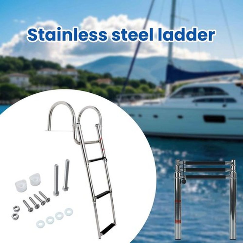 Pontoon Boat Ladder, Stainless Steel 3 Step Telescoping Boat Boarding Ladder with Wide Steps, Folding Boat Swim Ladder,Dock Ladder with Hand Railings Heavy Duty