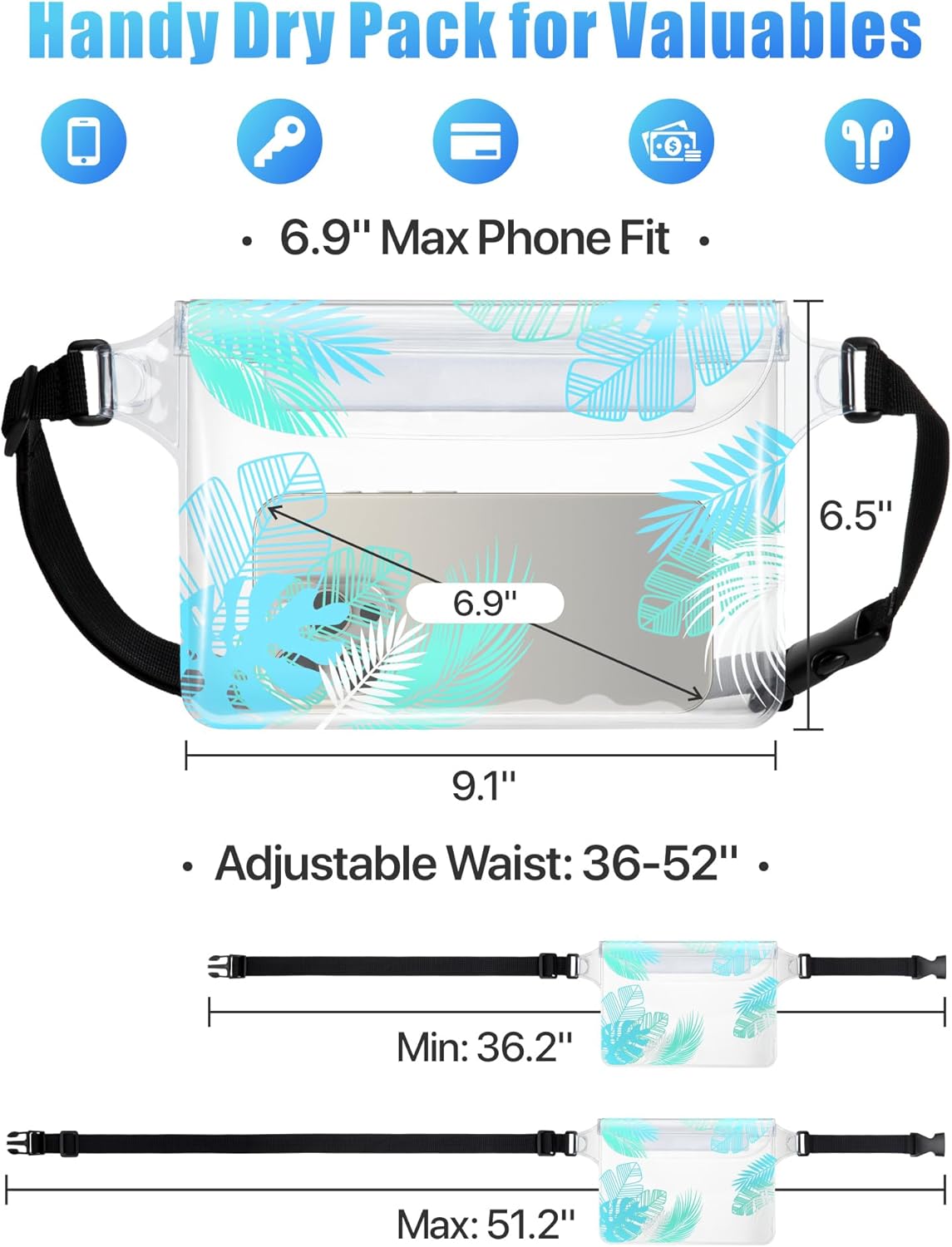 Waterproof Fanny Pack - Adjustable Waist Strap, Triple Zipper Roll-Top Dry Bag for Phone | Ideal for Beach, Kayaking, Boating