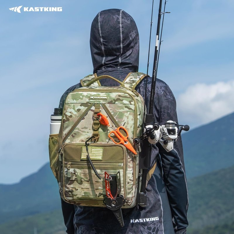 KastKing Fishing Tackle Backpack - Water-Resistant Gear Bag with 2 Rod Holders | Khaki Camo, Large Storage