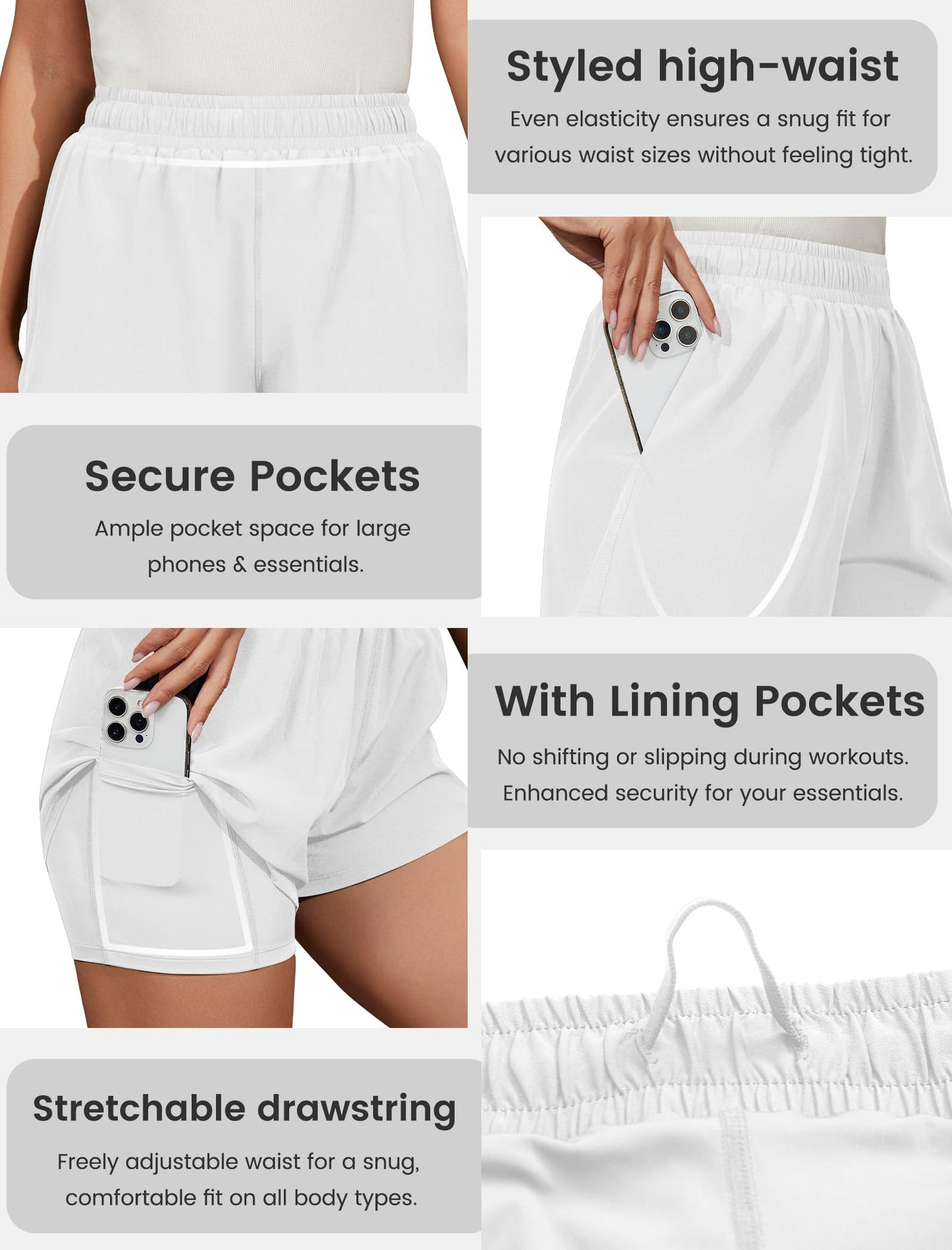 FireSwan Athletic Shorts for Women 2 in 1 High Waisted Quick Dry Running Workout Gym Active with Pockets White Medium