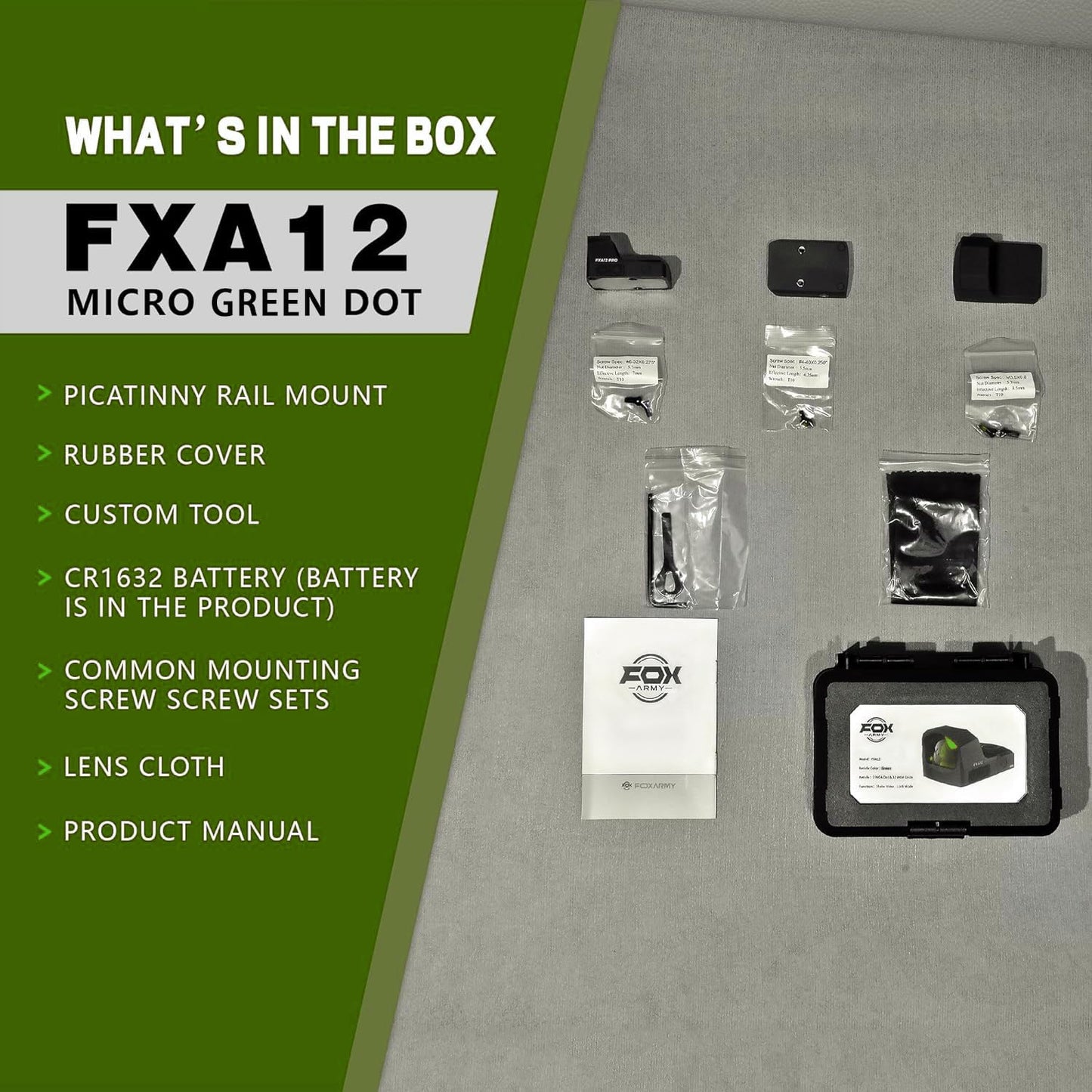 Foxarmy FXA12 Green Dot Sight for Pistol - RMR/407C Footprint Reflex Optic with Shake Awake & Lock Mode - 3 MOA Dot - 6061-T6 Aluminum, IPX7 Waterproof
