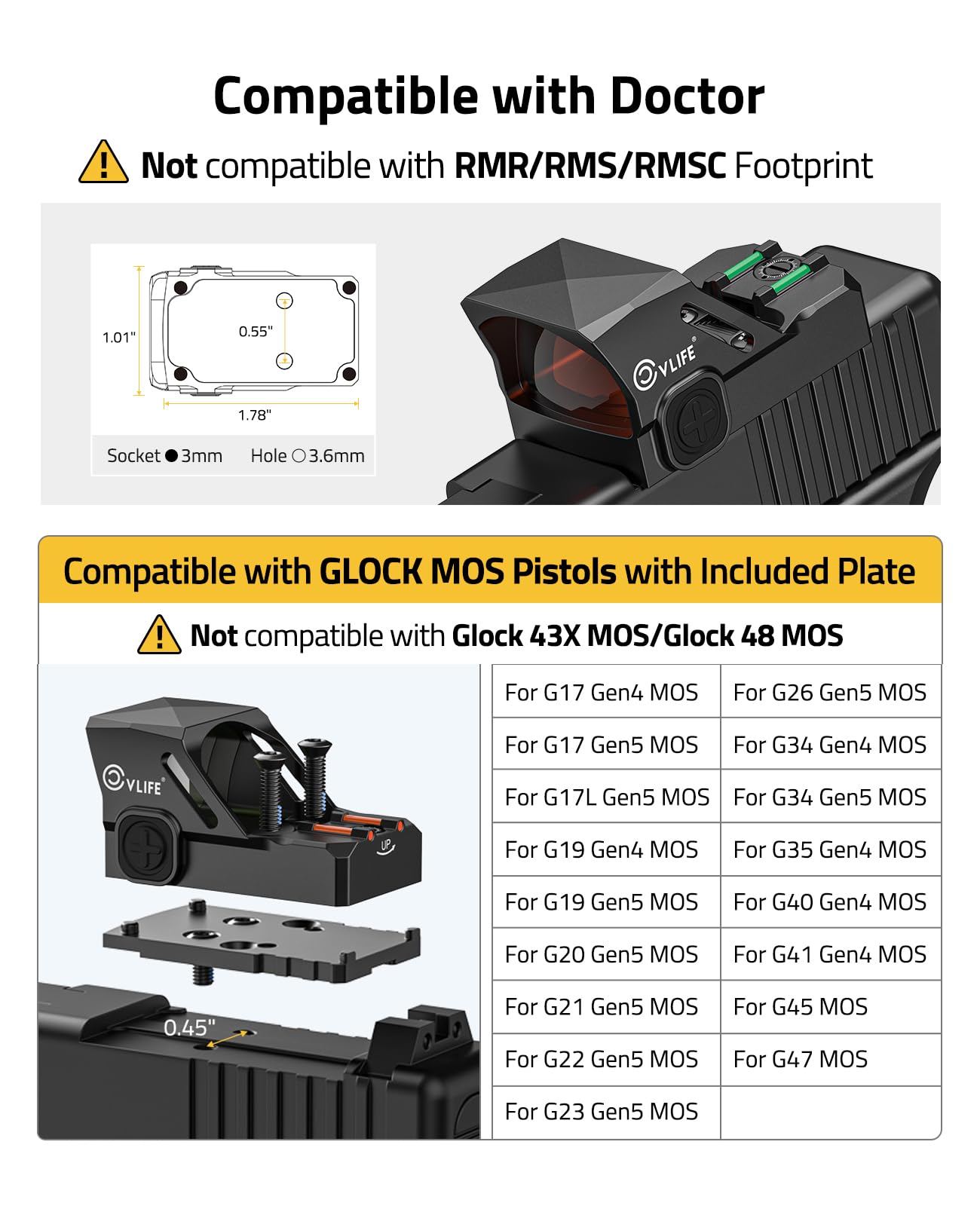 CVLIFE WolfCovert Motion Awake 6 MOA Red Dot Sight for Doctor Cut Footprint, Integrated Fiber Red Dot Scope for Full-Sized Pistols, Open Reflex Optics Sight with Adapter for MOS & 21MM Picatinny