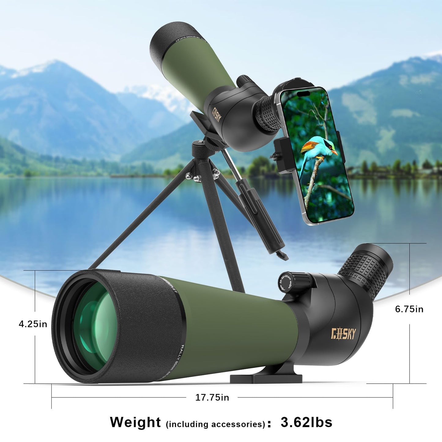 Gosky Updated 20-60x80 Spotting Scopes with Tripod, Carrying Bag and Quick Phone Holder - BAK4 High Definition Waterproof Spotter Scope for Bird Watching Wildlife Scenery1,Green