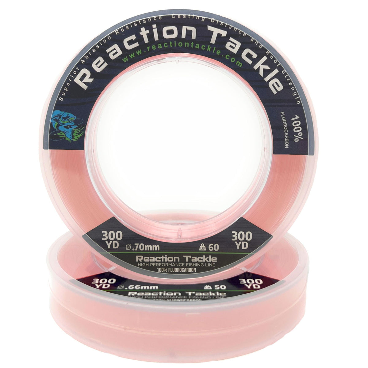 Reaction Tackle 100% Pure Fluorocarbon Fishing Line - High Strength, Abrasion-Resistant, Fast-Sinking, Virtually Invisible - Saltwater and Freshwater Leader Line - Pink - 50LB 50 Yards