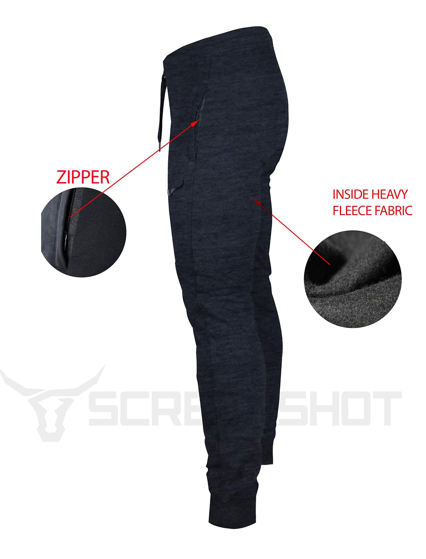 Screenshot Sports-A4051 Mens Premium Slim Fleece Pants Zipper Pockets - Athletic Jogger Fitness Workout Gym Sweatpants-H.Charcoal-Medium