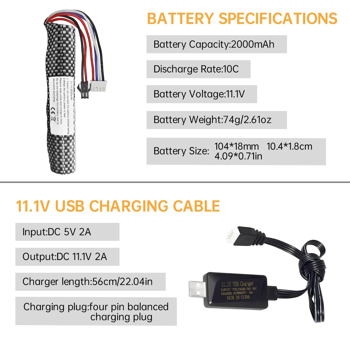 Fytoo 3S 11.1V 2000mAh Li-ion Battery SM-2P Plug Connector with USB Charging Cable for Airsoft Gel Water Ball Blaster Airsoft Gel Ball Shockwave Battery