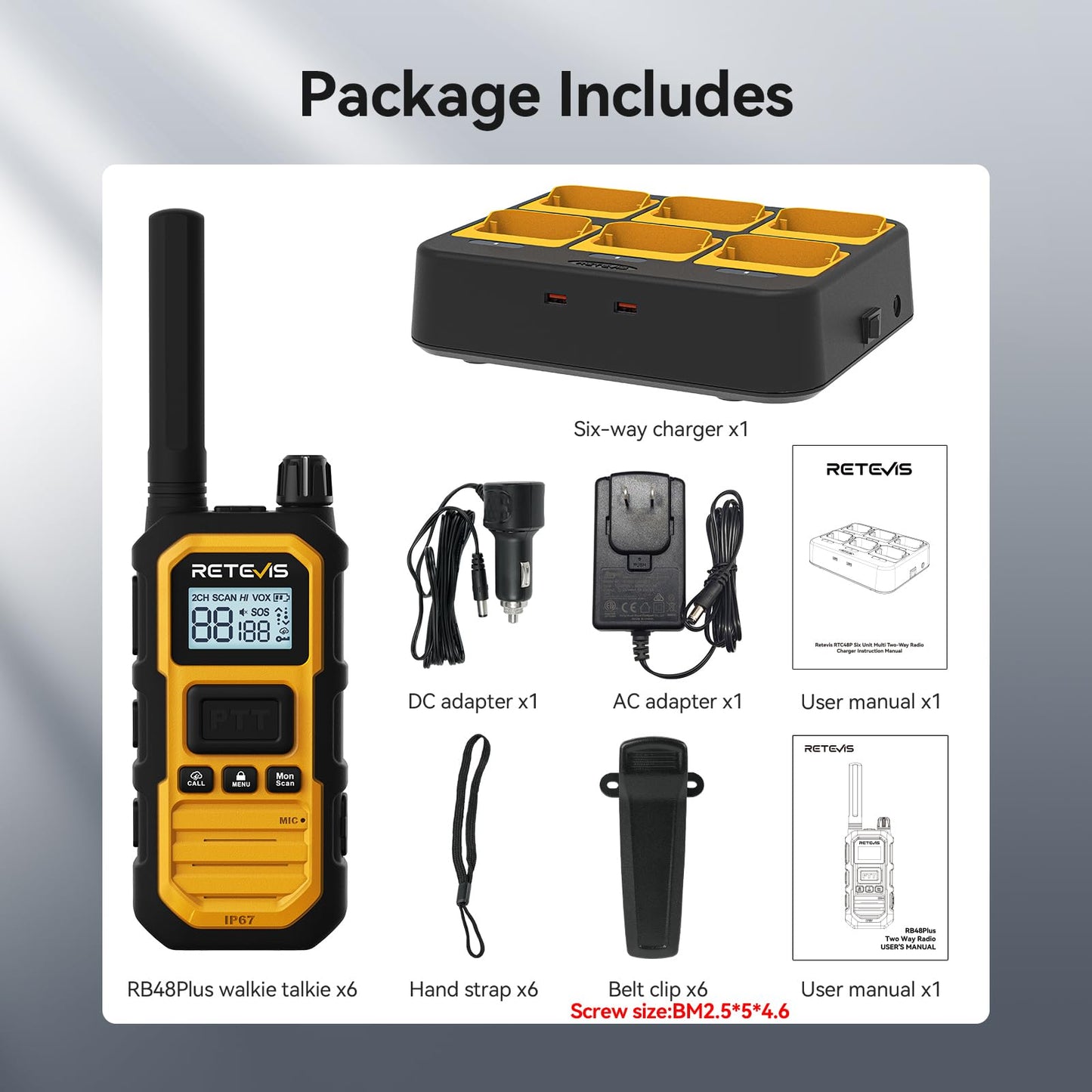 Retevis RB48 Plus Walkie Talkies Long Range, Heavy Duty Rechargeable GMRS Two Way Radios, IP67 Waterproof, Shock Resistant, NOAA, VOX,Emergency Radios(6 Pack with Gang Charger)