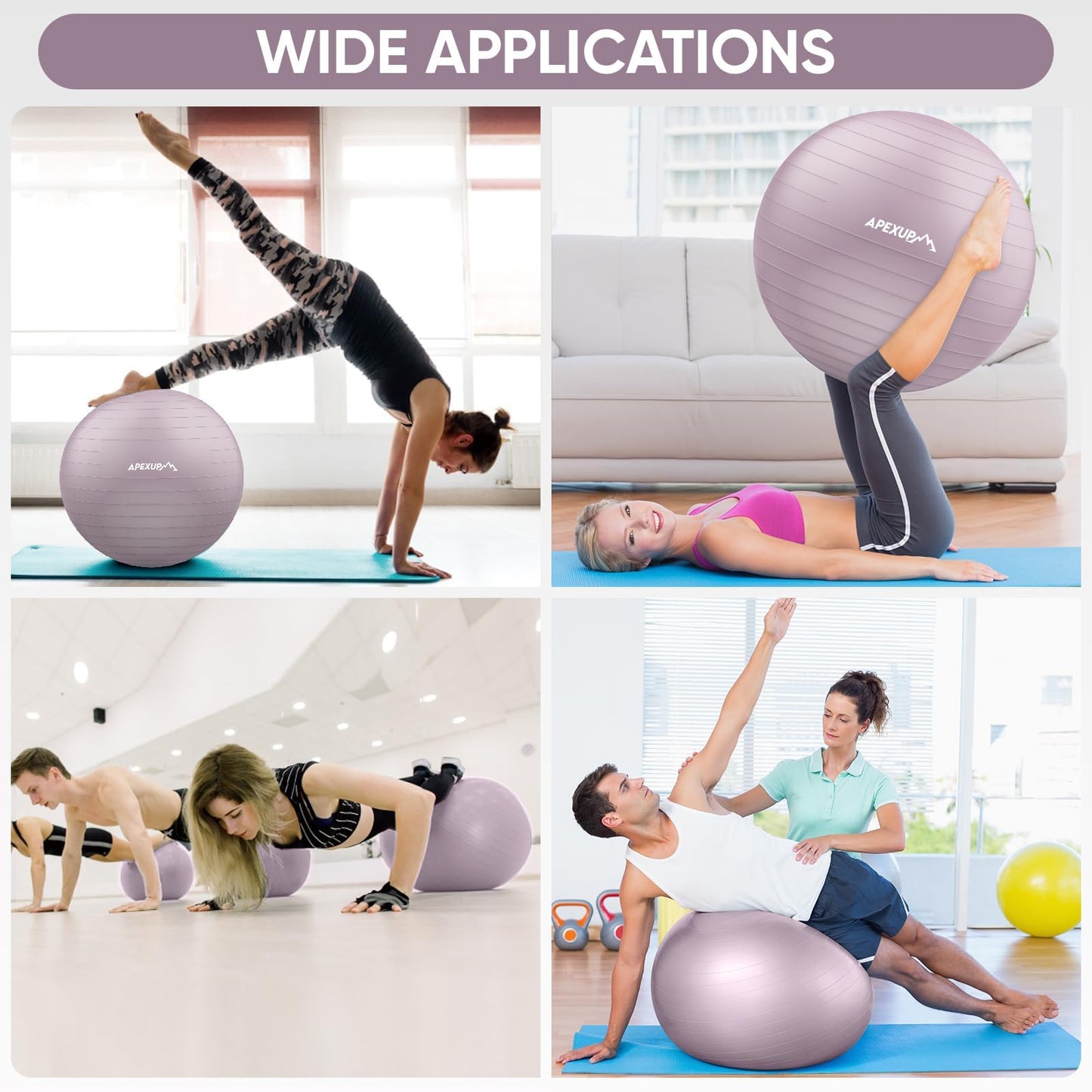 APEXUP Yoga Ball, 660 lbs Anti-Burst Exercise Ball with Pump, 5 Sizes (S (15"~18") 45cm, Mauve)