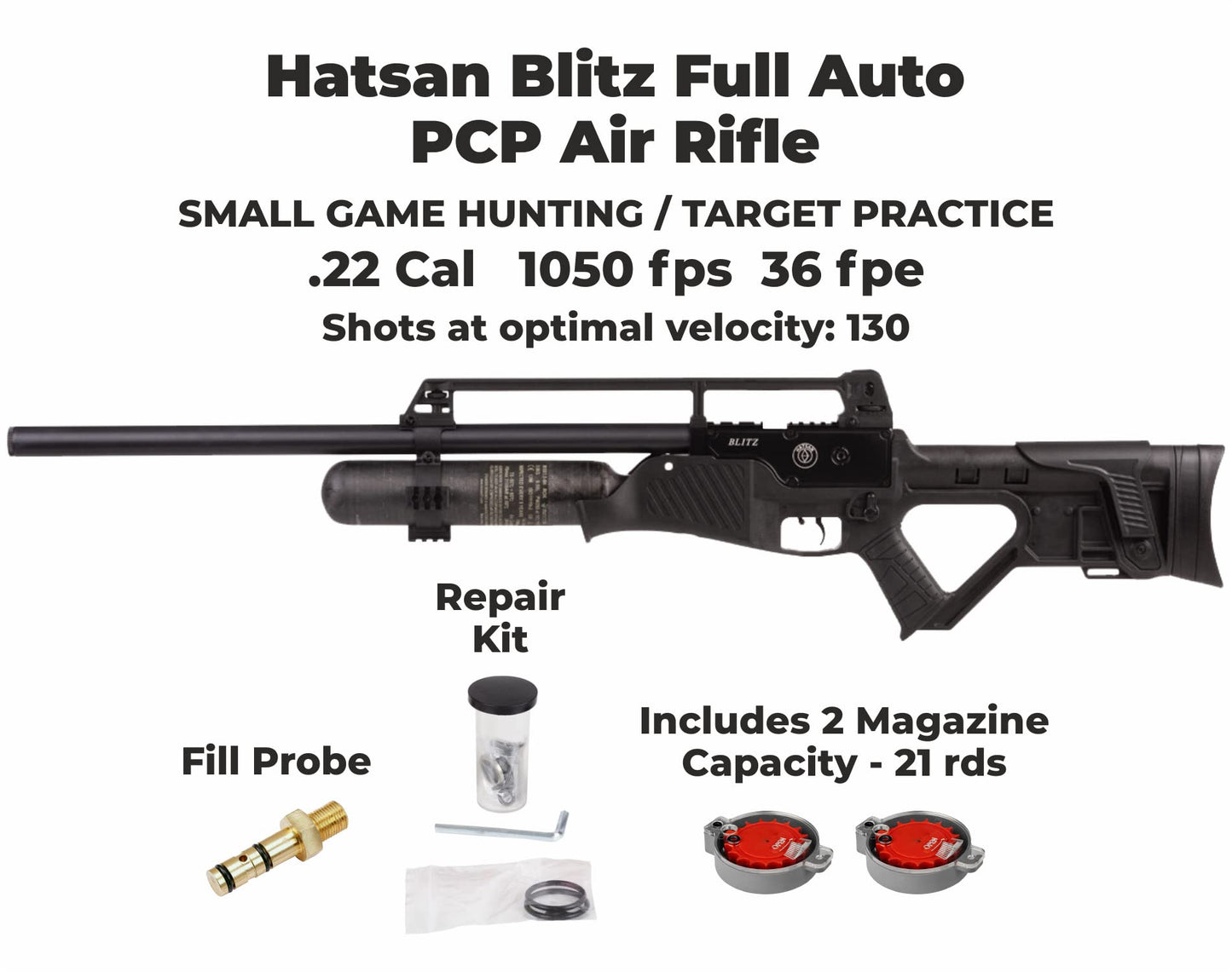 Wearable4U - Hatsan Blitz Full Auto PCP .25 Cal 970 fps 41 FPE w/ 19-Shots 2 Magazines Air Rifle w/Scope and 100x Paper Targets and 150x Pellets Bundle