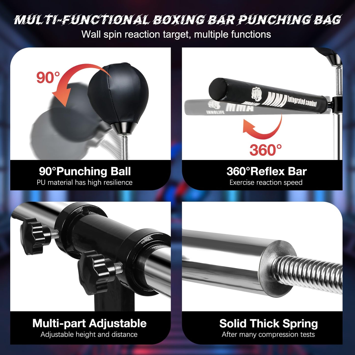 INNOLIFE Wall Mount Boxing Bar MMA Boxing Speed Trainer Boxing Reflex Bar Boxing Equipment Boxing Spinning Bar with Punching Ball for Gym Home