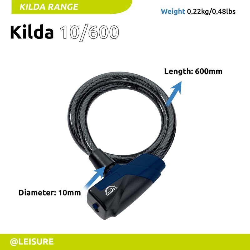Squire Heavy Duty Bikelock (Kilda 10/600 Cable Lock) - Weatherproof keyed Lock with 10mm Thick Cable for Low to mid Security - 10mm Diameter and 600mm Length