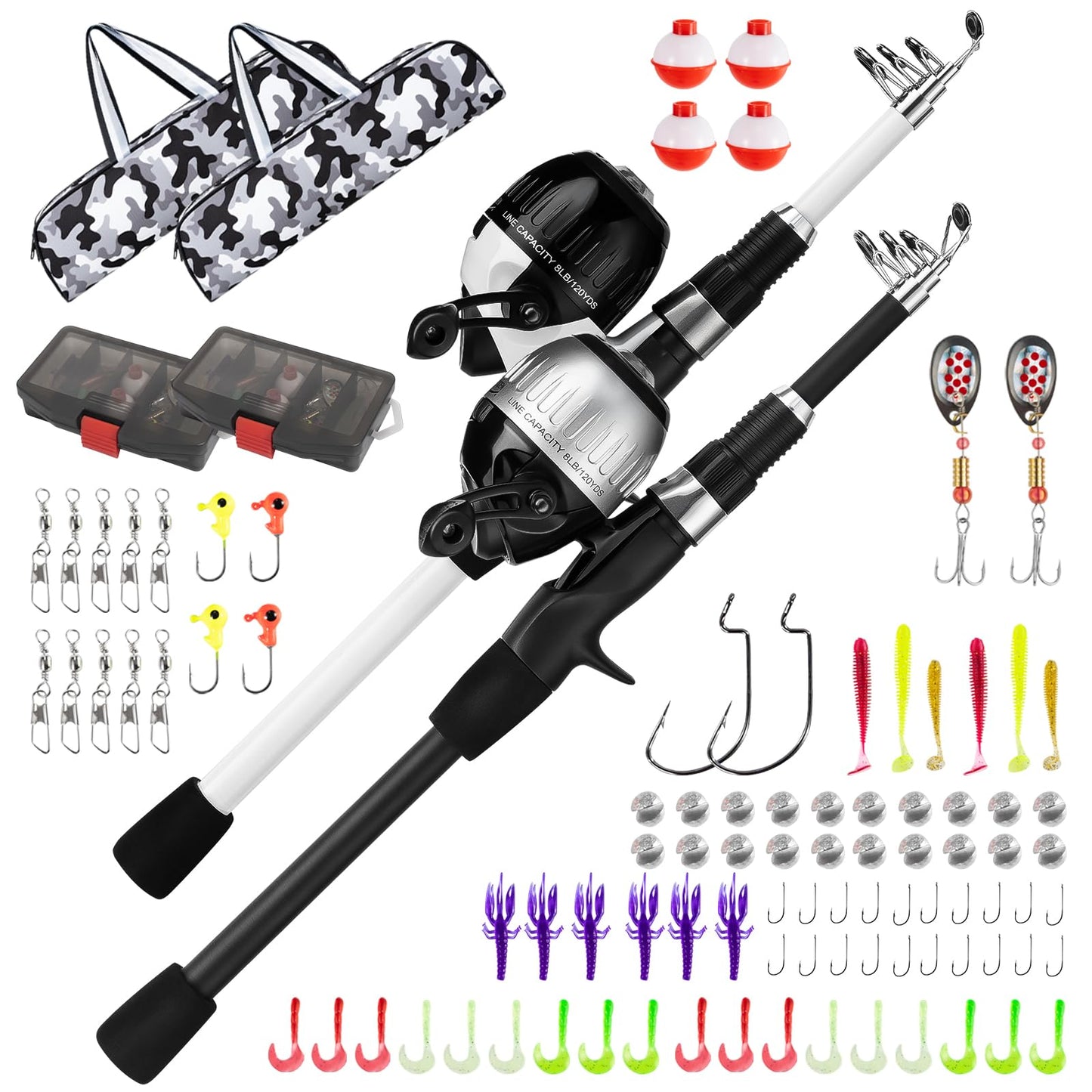 WIDDEN Kids Fishing Pole 2 Pack, Youth Fishing Rod and Reel Combo - Telescopic Portable Fishing Pole with Tackle Box Bag Starter Anglers Set, Fishing Gear Kit for Boys Girls Teens and Beginners