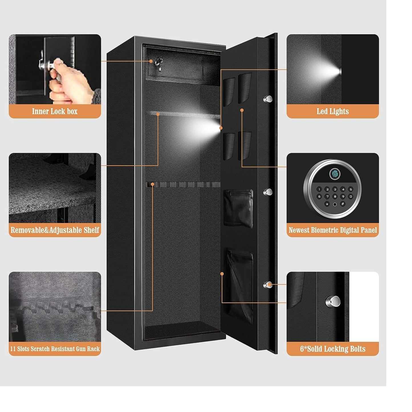 [2024 NEW] 7-8 Fireproof Biometric Gun Safes for Home Rifle and Pistols, Heavy Duty Anti-Theft Long Gun Safes for Rifles and Shotguns with 3 Handgun Pocket, Removable Shelf, Silent Mode