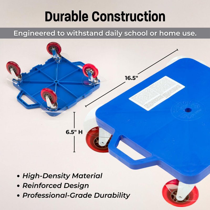 Fast Trak 16.5" Scooter Board with Safety Handles, Durable Non-Marking Wheels, Indoor/Outdoor Floor Scooter, Sit-On Design for PE Class, Therapy, Gym or Home Use, Single Board, Blue