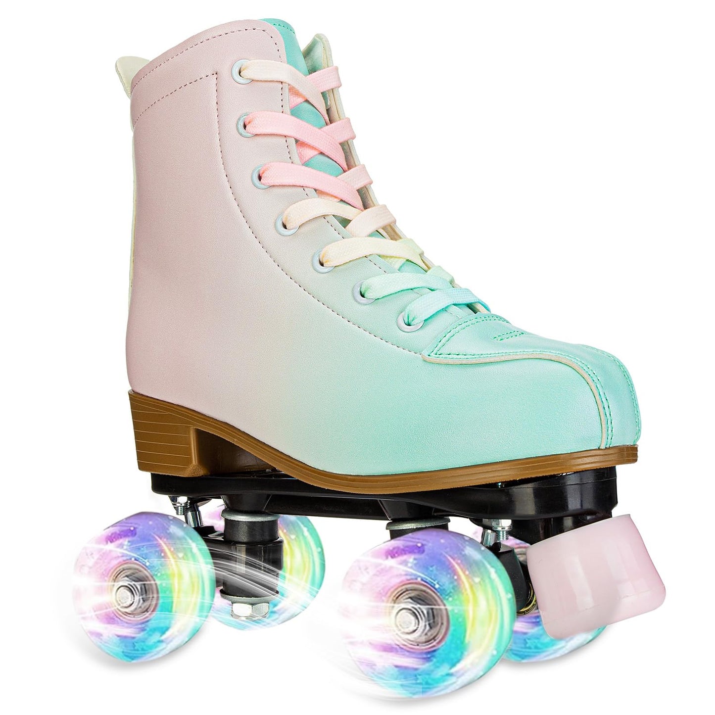 YYW Roller Skates for Girls and Women, Fantastic Gradient Pink and Green PU Leather Light Up Kids Youth Roller Skates, Indoor Outdoor, Size 33-Youth 2