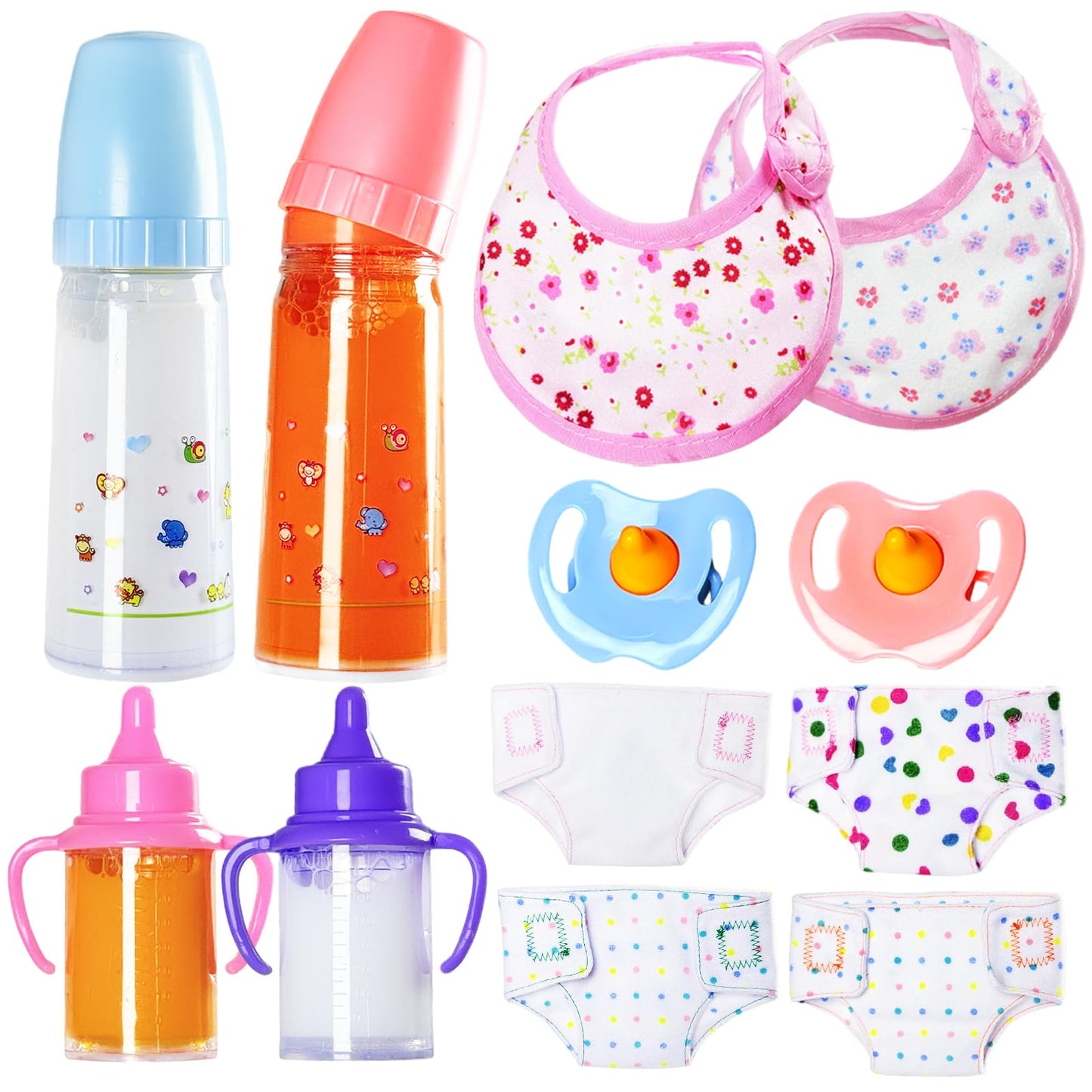 Kuihaazi 12PCS Baby Doll Accessories Set,Doll Pretend Play Feeding Toys,Baby Doll Feeding Include Disappearing Milk and Juice Bottles,Pacifier,Bibs,Diapers