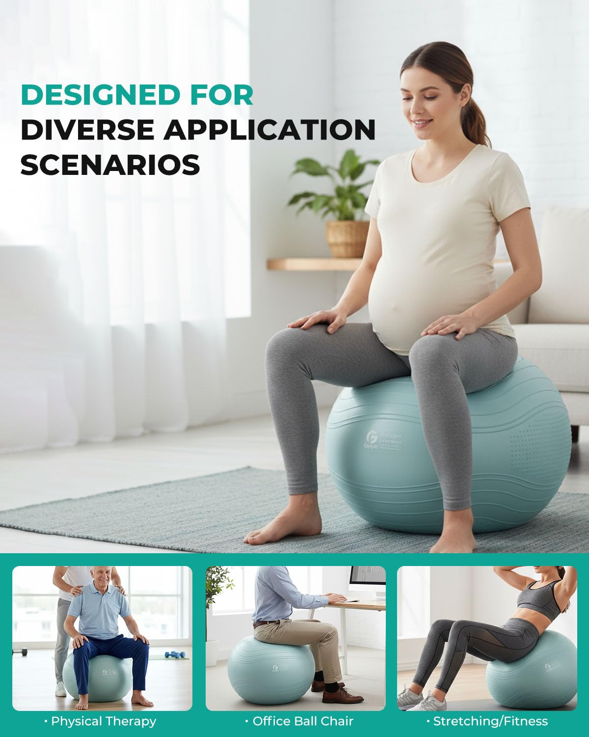 Gruper Yoga Ball, Extra Thick Exercise Ball for Workout Pregnancy Stability - 4 Sizes Anti Burst Balance Ball for Yoga, Pilates, Fitness, Birthing, Physical Therapy - Includes Pump