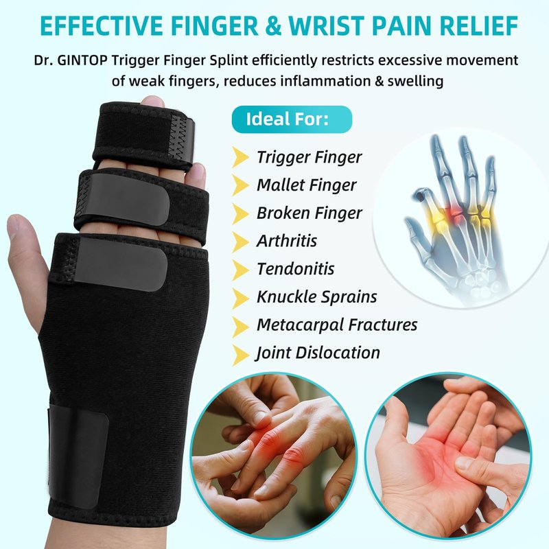 DR. GINTOP Trigger Finger Splint with Detachable Metal Splint Support for Middle/Index/Ring/Pinky Finger, Finger Brace with Hand Splint relief for Metacarpal Fractures, Arthritis, Contractures - Left