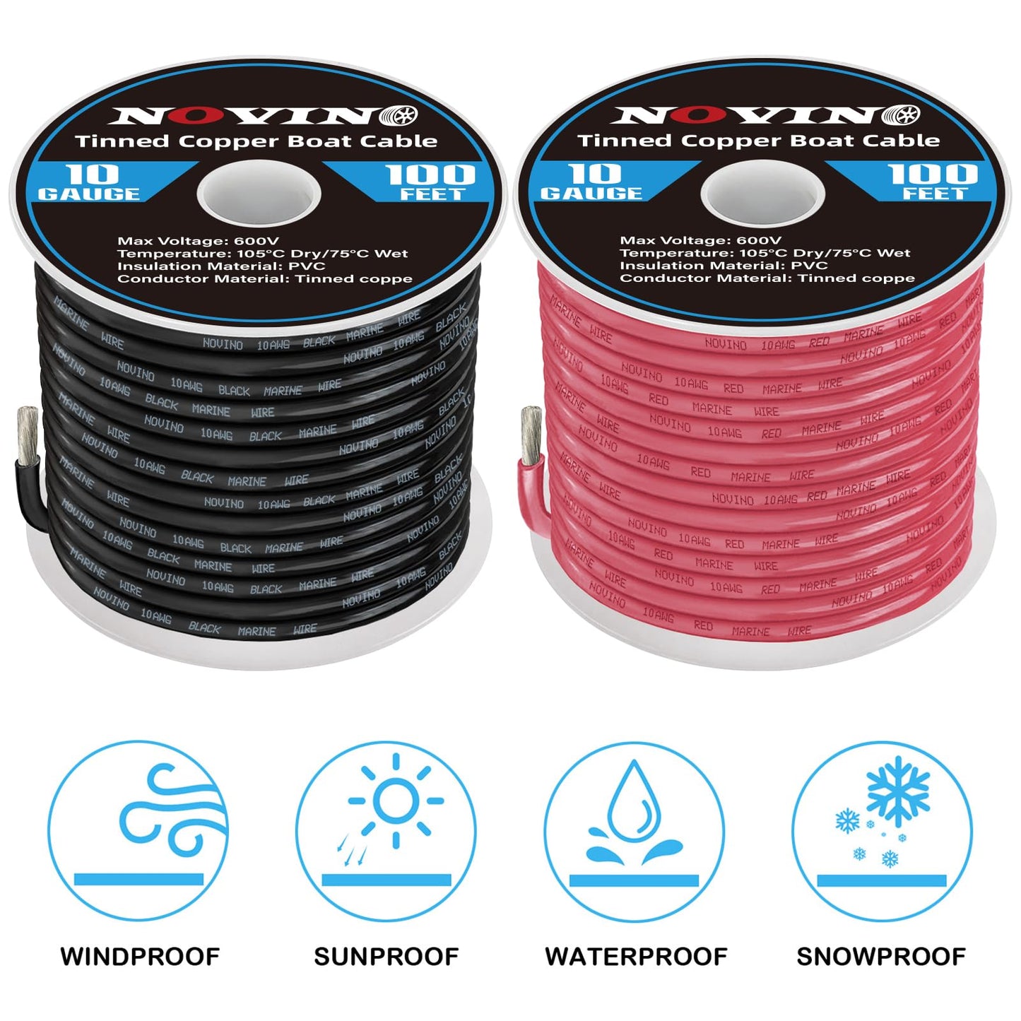 Marine Wire 10 Gauge Marine Grade Wire Include 10 AWG 100FT Red & 100FT Black,10 AWG Tinned Copper Boat Cable for Boat Speaker Automotive Battery Lighting Outdoor RV Camper Trailer
