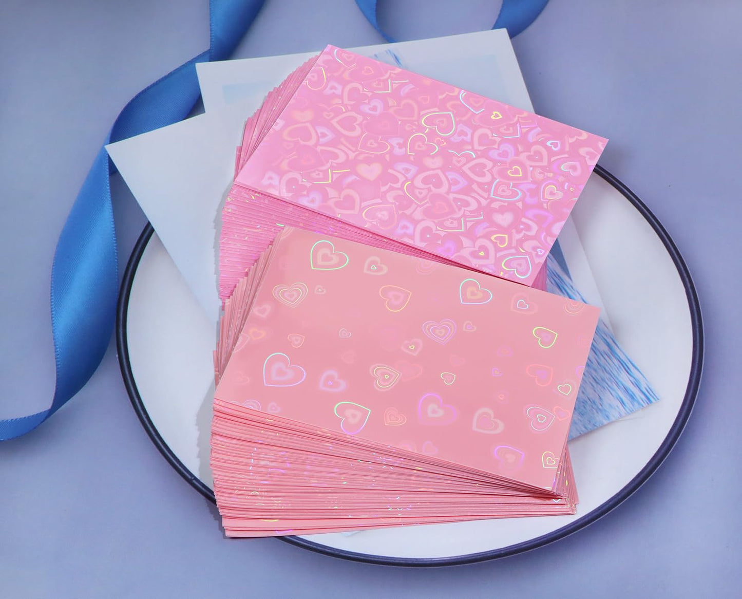 ONLYKXY 100pcs Soft Clear Plastic Heart Glitter Bag Storage Pouch Laser Sleeve Cover Pocket Holder Holographic Photo Protector Top Loader for 3in Trading Card Coin Jewelry (Hot Pink & Light Pink)