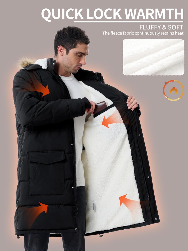 JAWERU Men's Extra Long Fleece Puffer Jacket Outerwear Winter Coats Hooded Parka Warm Water-resistant Cold Weather Black 2XL