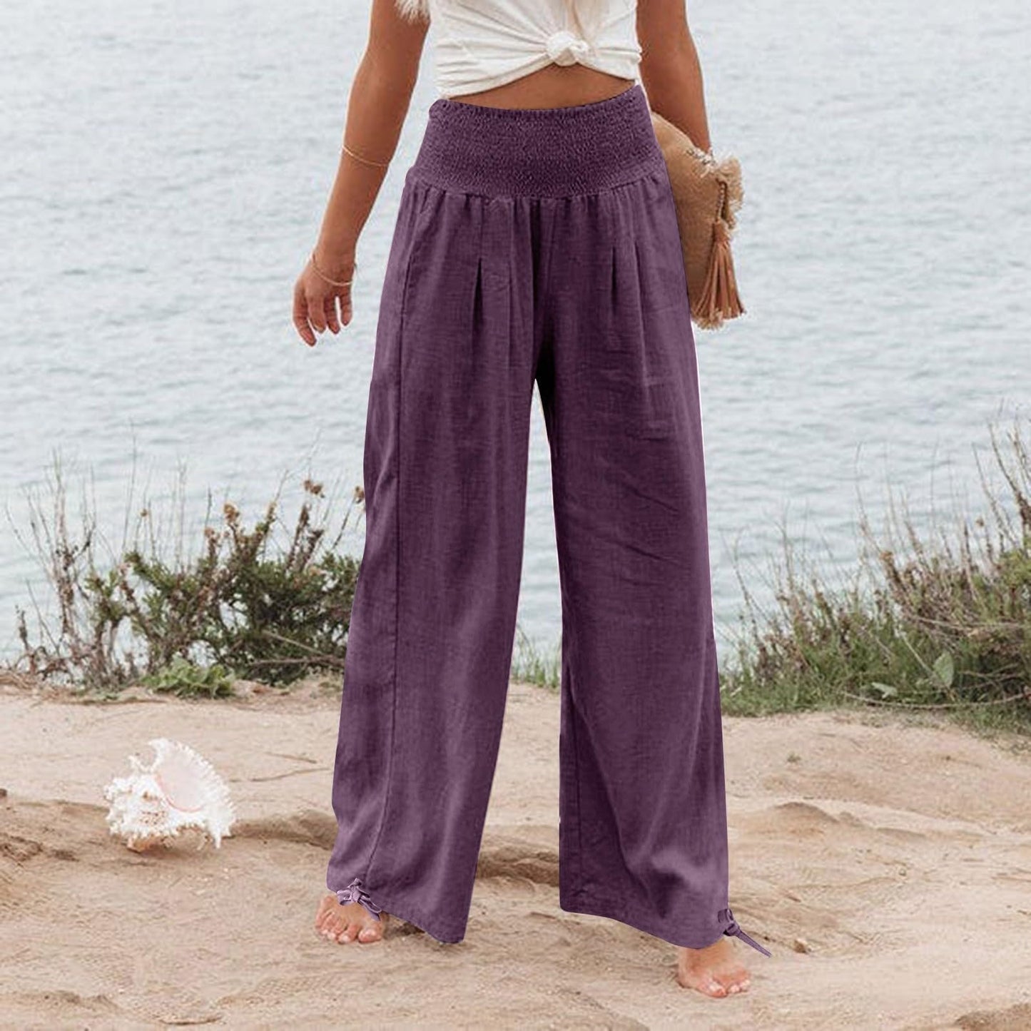 Hesxuno Linen Pants Women Wide Leg Yoga Pants Summer Lightweight Palazzo Pants Summer Flowy Lounge Pants Casual Loose Comfy Pants Casual Long Pants Soft Beach Pants Baggy Trousers with Pockets