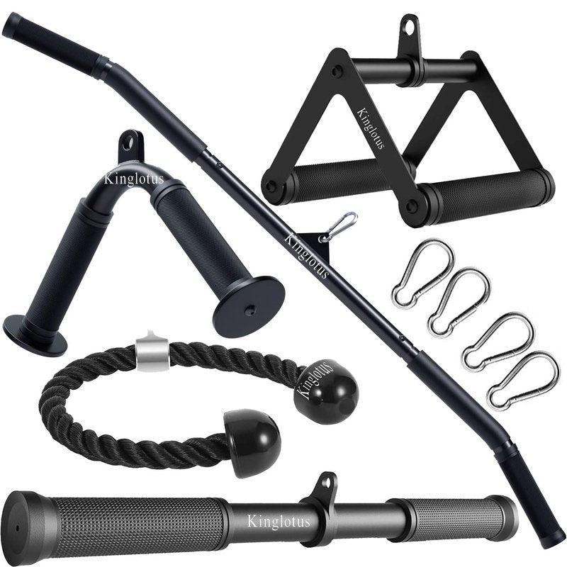 Kinglotus Cable Machine Attachments Set, Home Gym Accessories with 39" LAT Pull Down Bar, Straight Bar, V-Shaped Bar, Tricep Rope, Double D Handles, Weight Workout Equipment for Strength Training