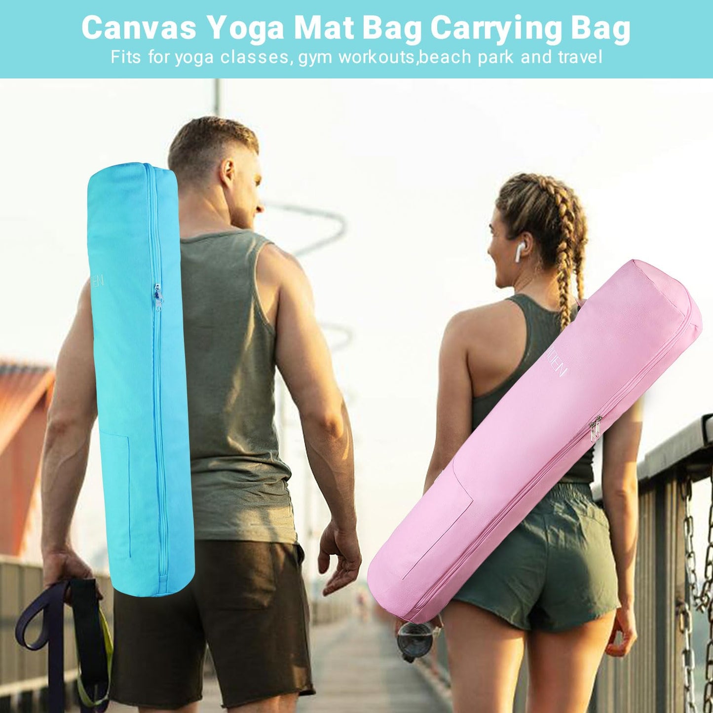 Yoga Mat Bag, Canvas Yoga Mat Bag Carrying Bag with Multi-Functional Storage Pockets, Adjustable Strap & Full-Zip Exercise Yoga Mat, Fits Gym, Class, Beach Park, Travel for Women & Men (Blue)