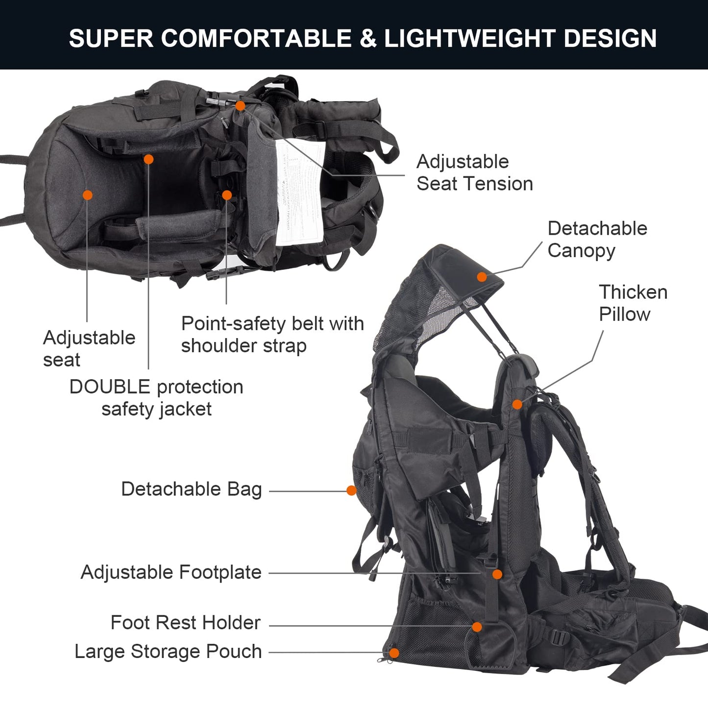 Baby Backpack Carrier, Safe Toddler Hiking Backpack Carrier Camping Child Carriers with Rain Cover Child Kid Sun Shade Large Storage Space Insulated Pocket, Adjustable Padded Child Seat