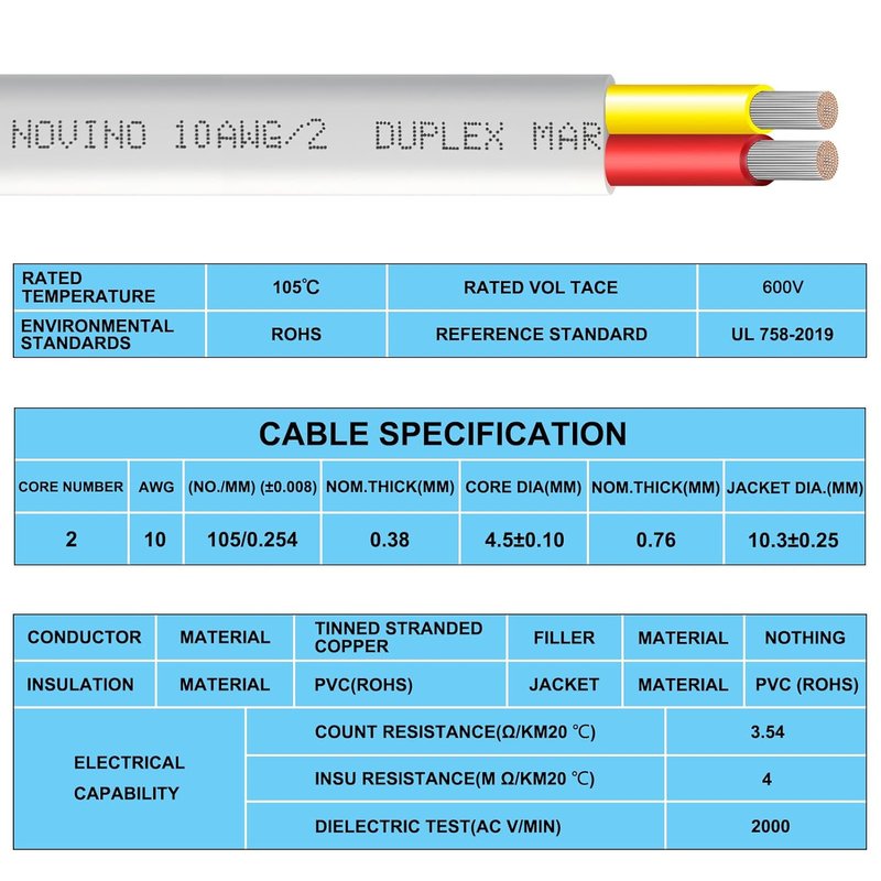 10 Gauge Marine Wire - Duplex Marine Grade 10/2 AWG Tinned Copper Electrical Cable | 30ft Red & Yellow for Boats, RVs, Trailers