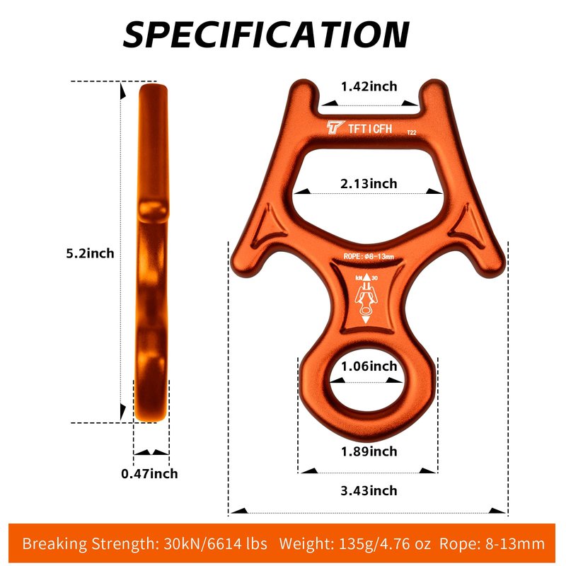 TFTICFH Figure 8 Descender, 30kN Climbing Descender, Heavy Duty 7075 Aluminum Belay & Rappel Equipment for Climbing, Mountaineering, Arborist, Caving, Aerial Yoga,Orange