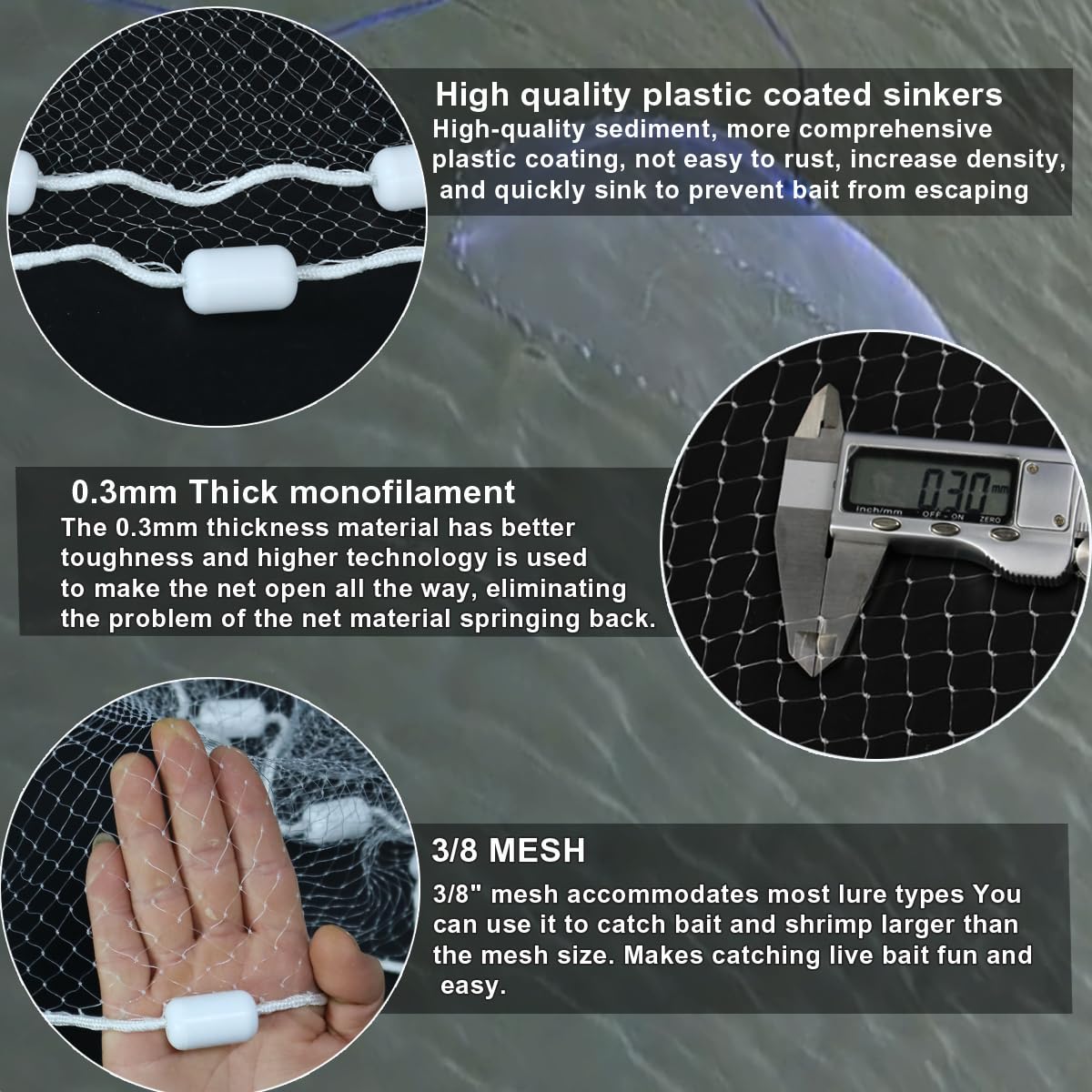 Drasry Saltwater Fishing Cast Net 3/8 and 1/4 Mesh with Heavy Duty Gray Sinker American Monofilament Fish Throw Net for Bait Trap 3FT 4FT 5FT 6FT 7FT 8FT 9FT Radius 3/8, 4FT Radius /120cm