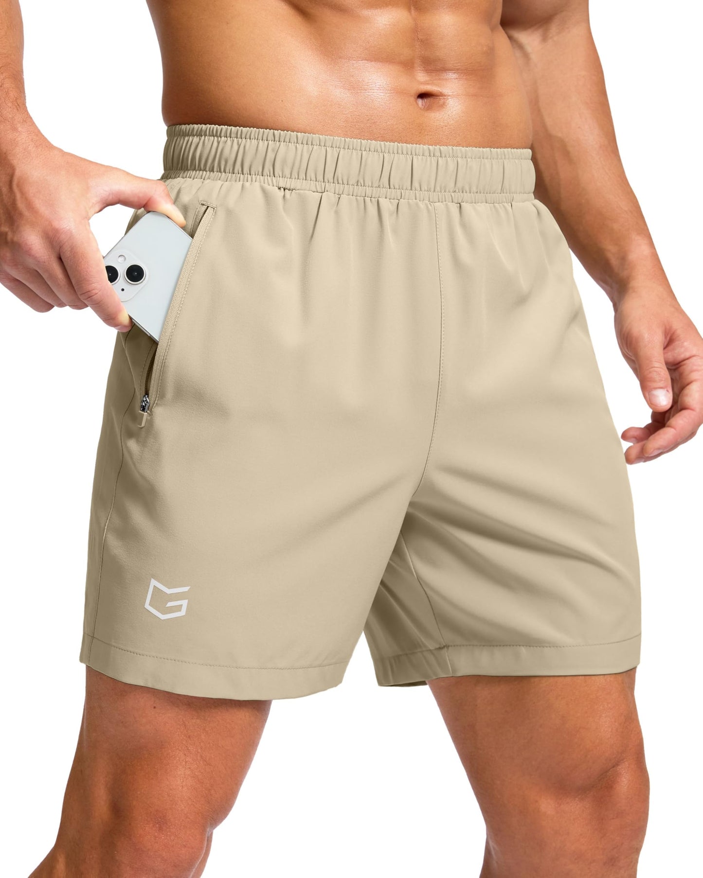 G Gradual Men's Athletic Running Shorts with 2 Zipper Pockets 7"/ 5"/ 9"(Khaki,5XXXL)